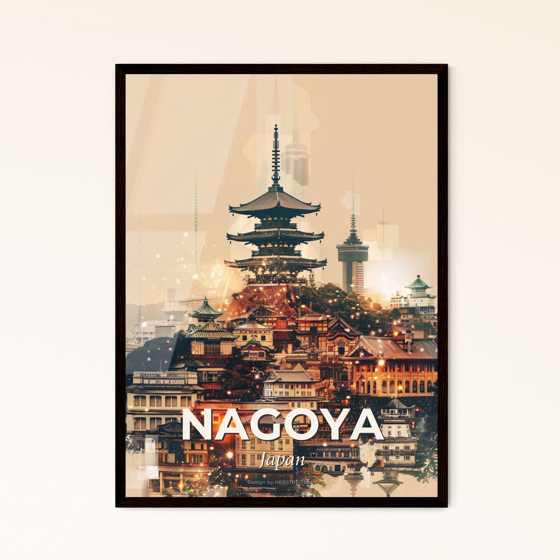 Nagoya Skyline Double Exposure Bright Poster Art - A city with a pagoda and buildings