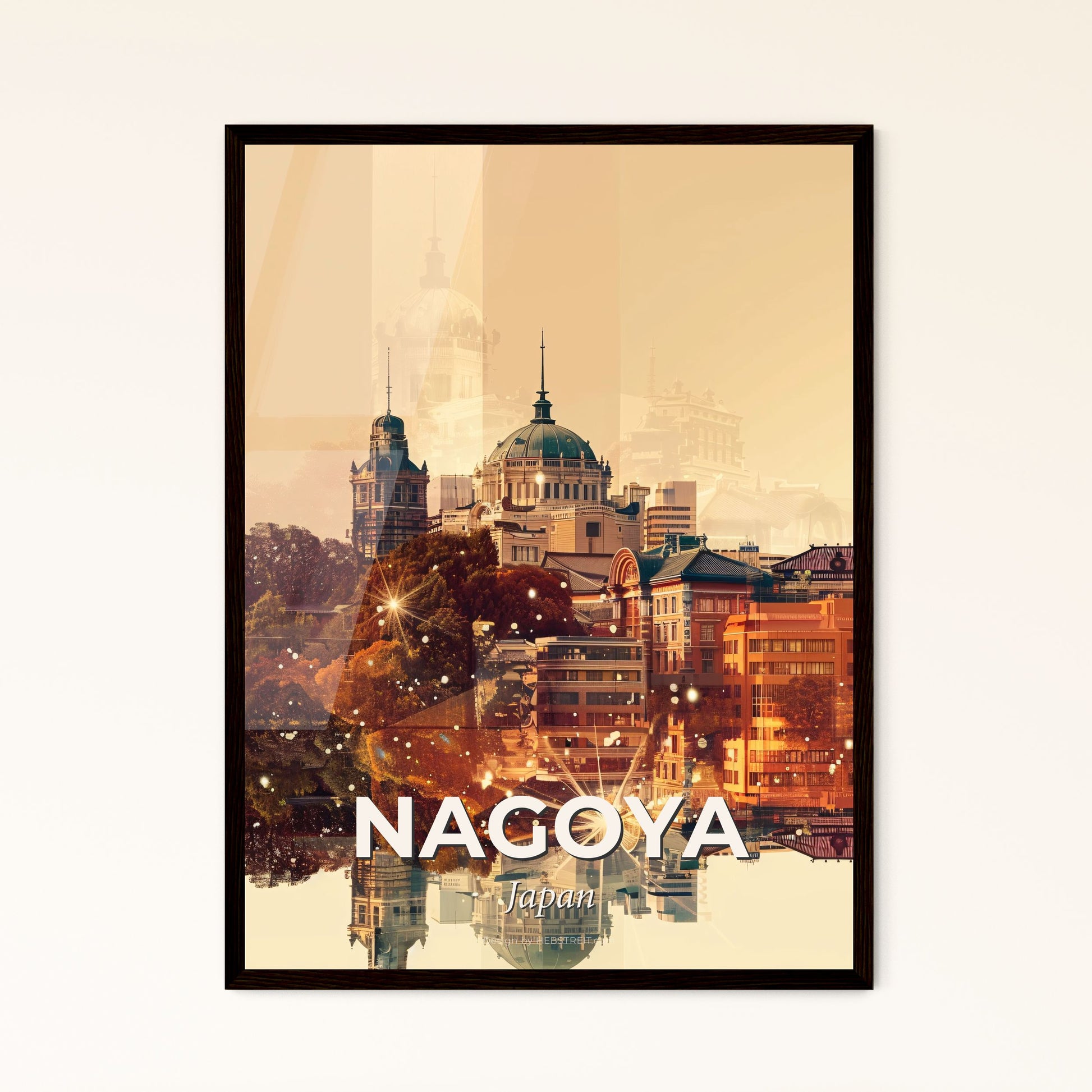 Nagoya City Skyline Architecture Double Exposure Glow Poster - A city with trees and buildings