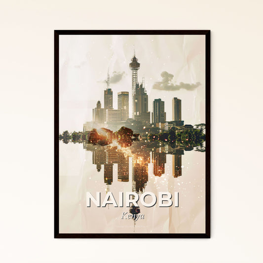 Nairobi: Bright Lights, City Icons Art Poster - A city with trees and buildings reflected in water