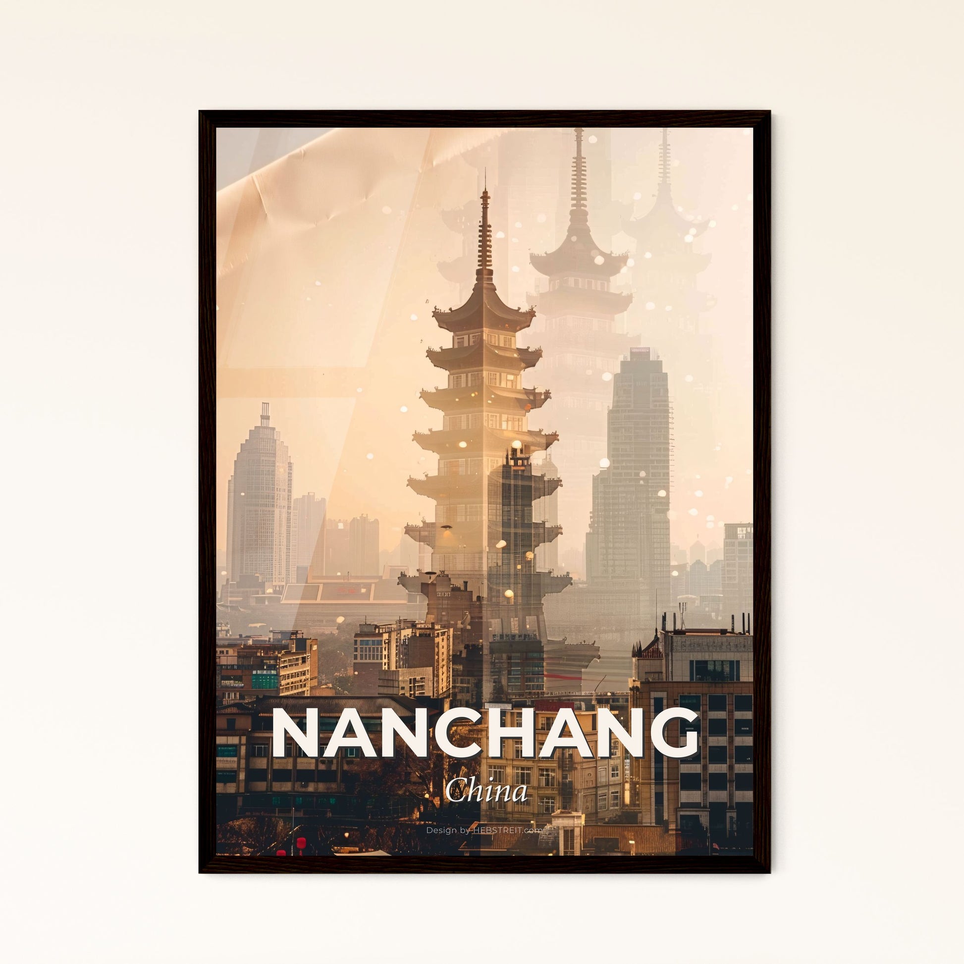 Nanchang Skyline Composite Art Poster Beige Sparkles - A tall building in a city