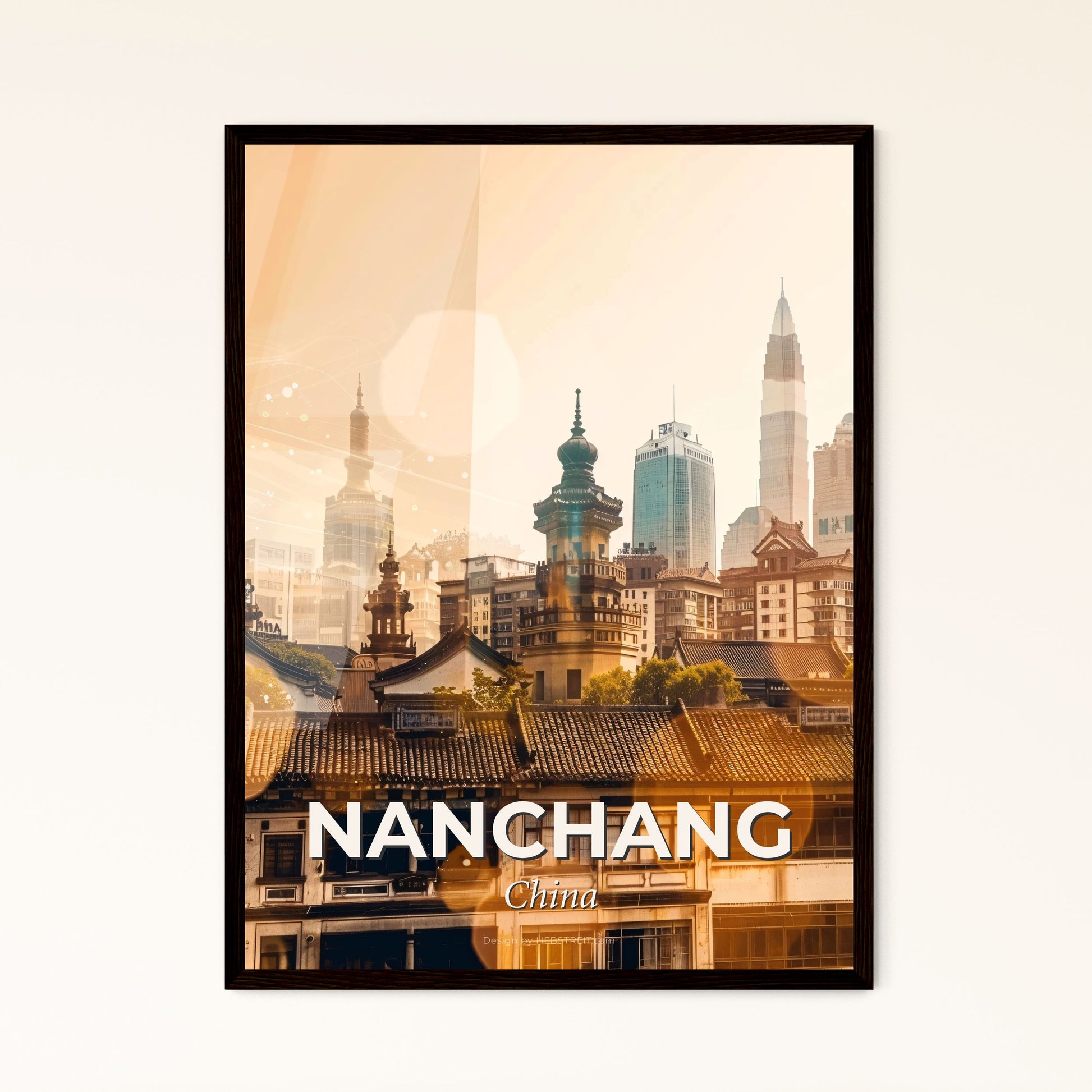 Nanchang Double Exposure Skyline Art Poster - A city skyline with many buildings