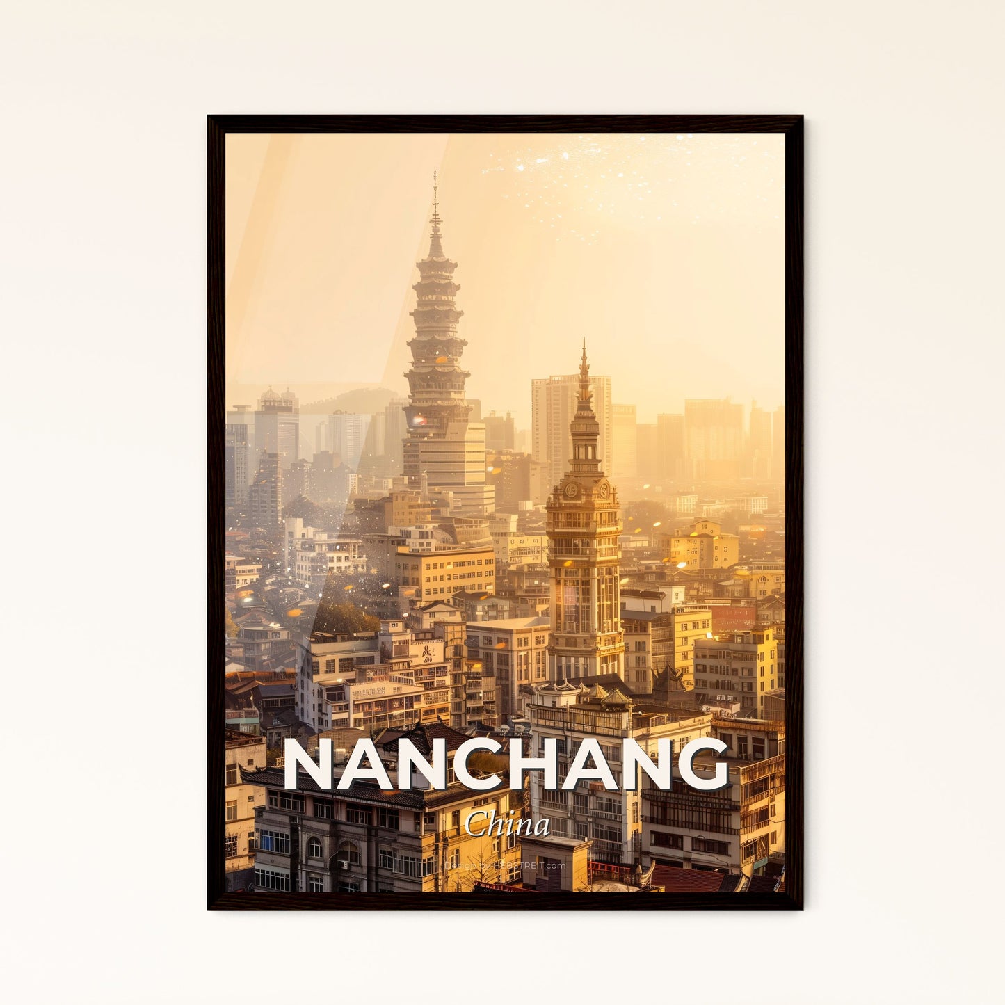 Nanchang City: Double Exposure Skyline on Beige - A city with many tall buildings