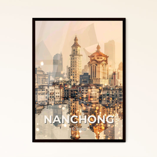 Nanchong Skyline Double Exposure Art Poster - A city with many buildings and a body of water