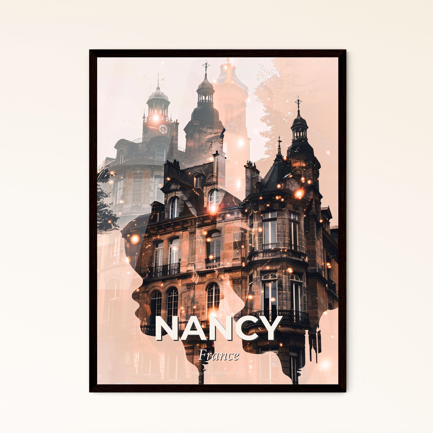 Nancy Skyline Composite Art Poster, Beige Background - A double exposure of a woman's face and a building