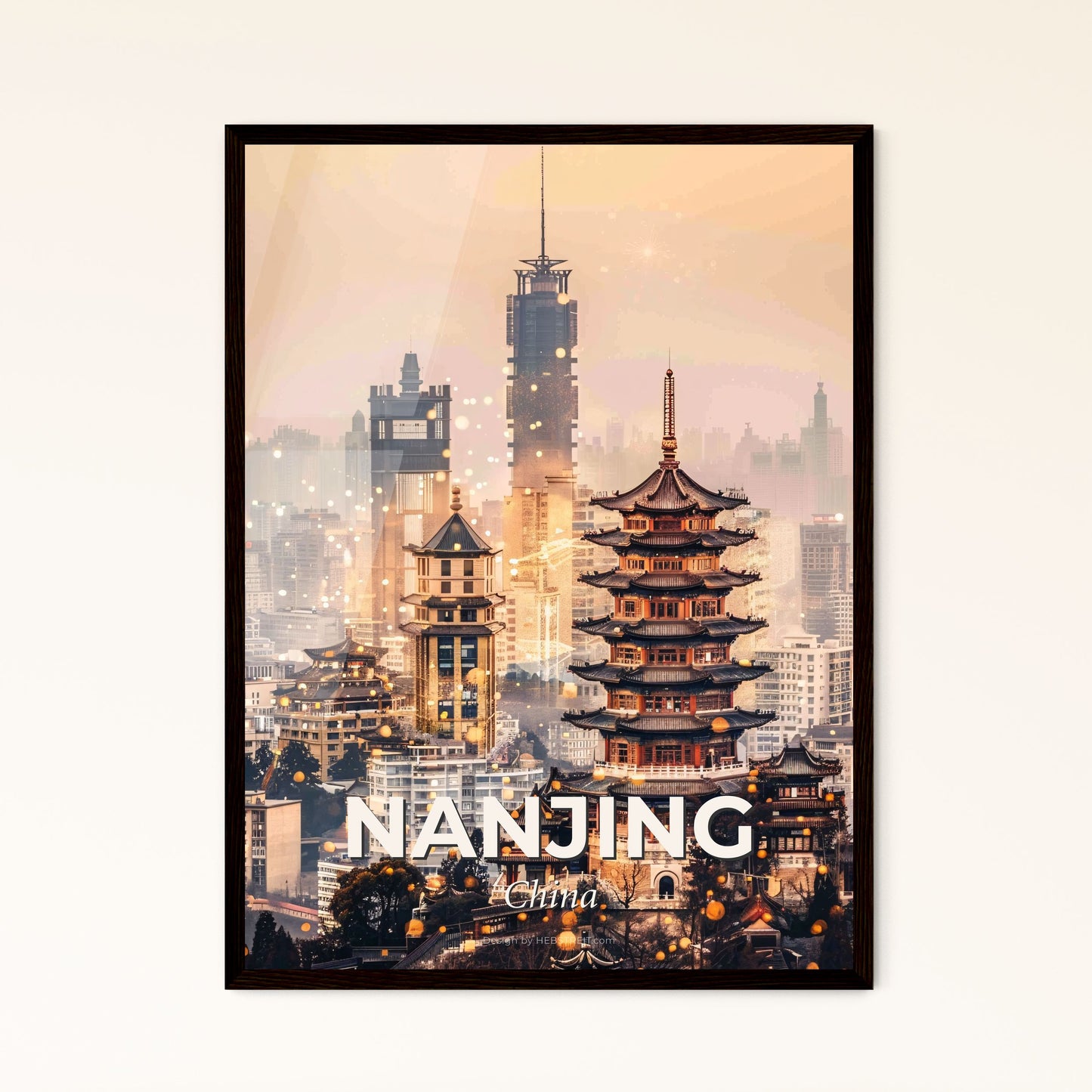 Nanjing Skyline Double Exposure Art Poster - A tall pagoda building in a city