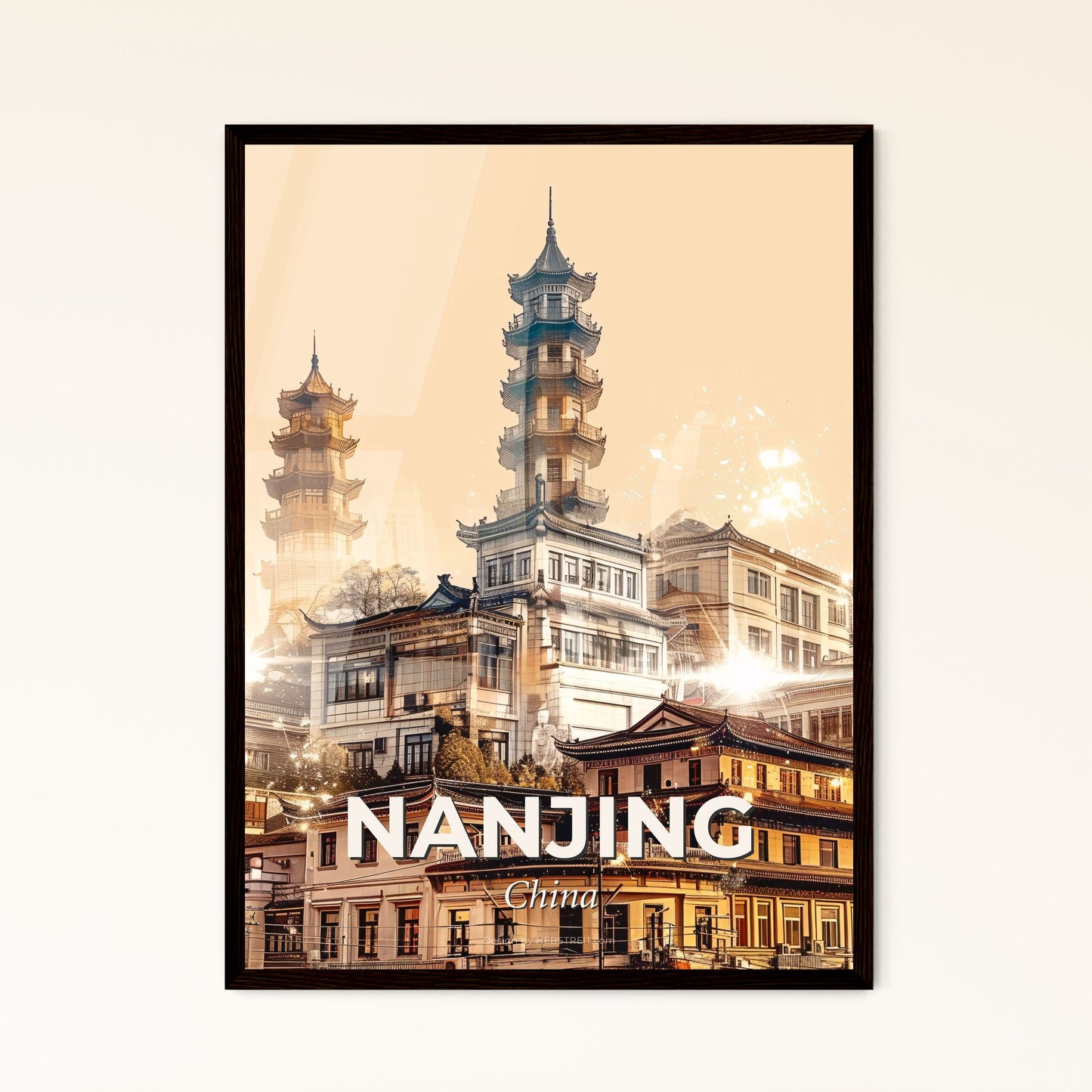 Nanjing Skyline City Lights Poster - A large building with a tall tower