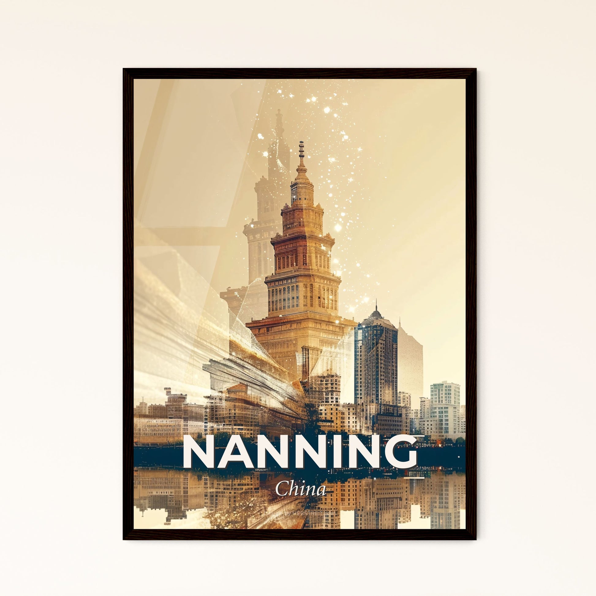 Nanning: Double Exposure Cityscape Skyline Art - A city skyline with a tall building and a river