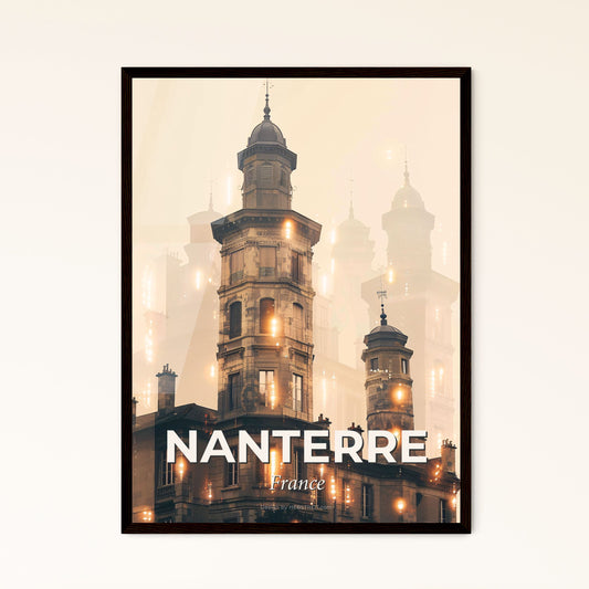 Nanterre Skyline Double Exposure Composite Art Poster - A building with towers and lights