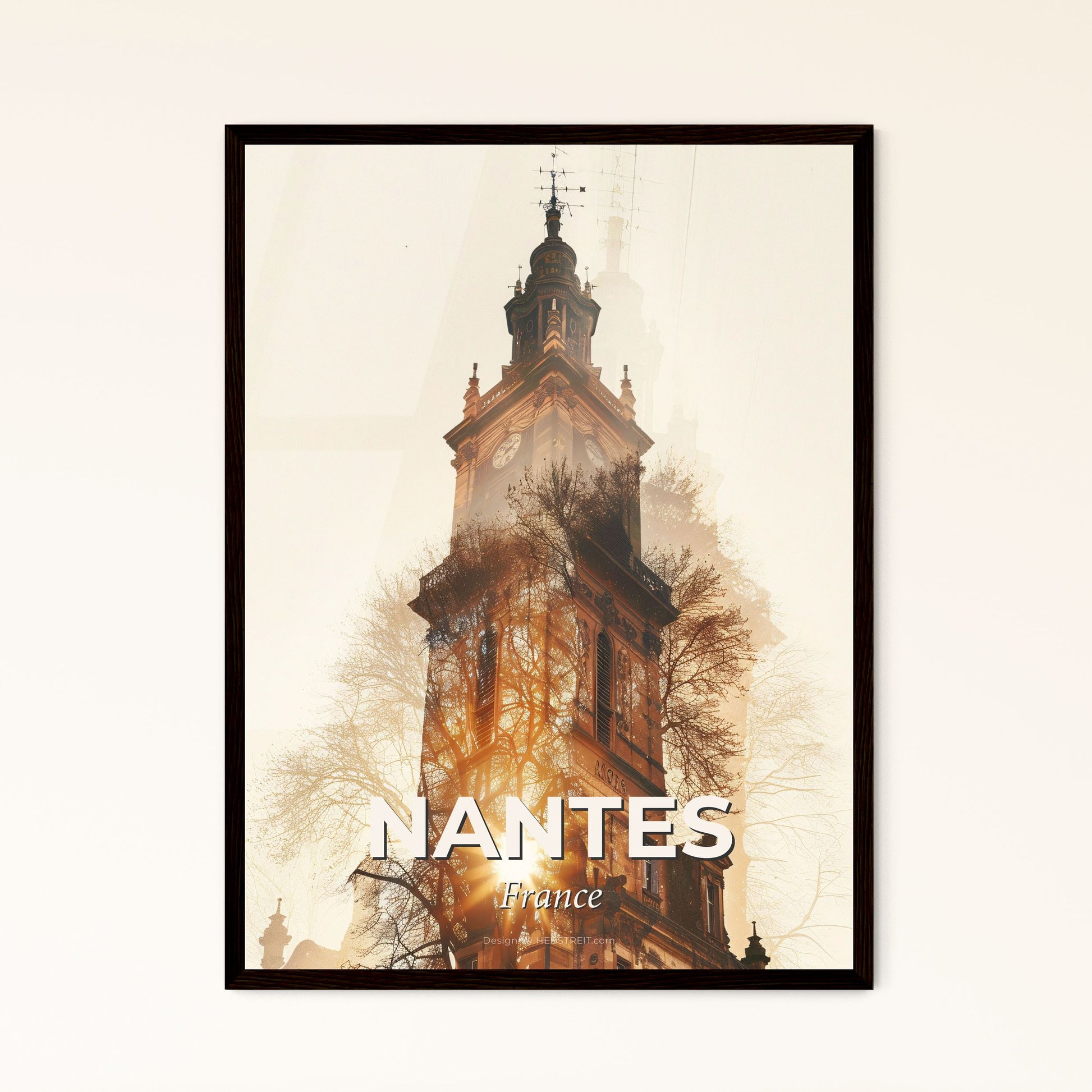 Nantes Skyline Art Poster Bright Beige Subtile Backlight - A clock tower with a sun shining through it