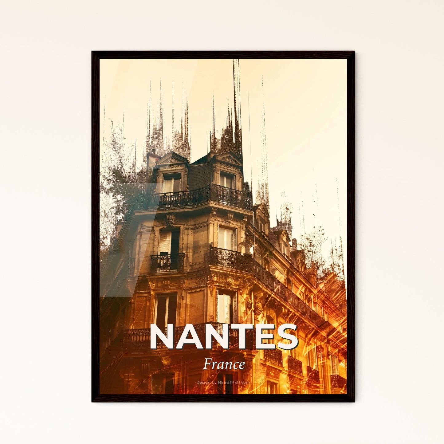 Nantes Skyline Silhouette Double Exposure Art Print - A building with trees and sun rays