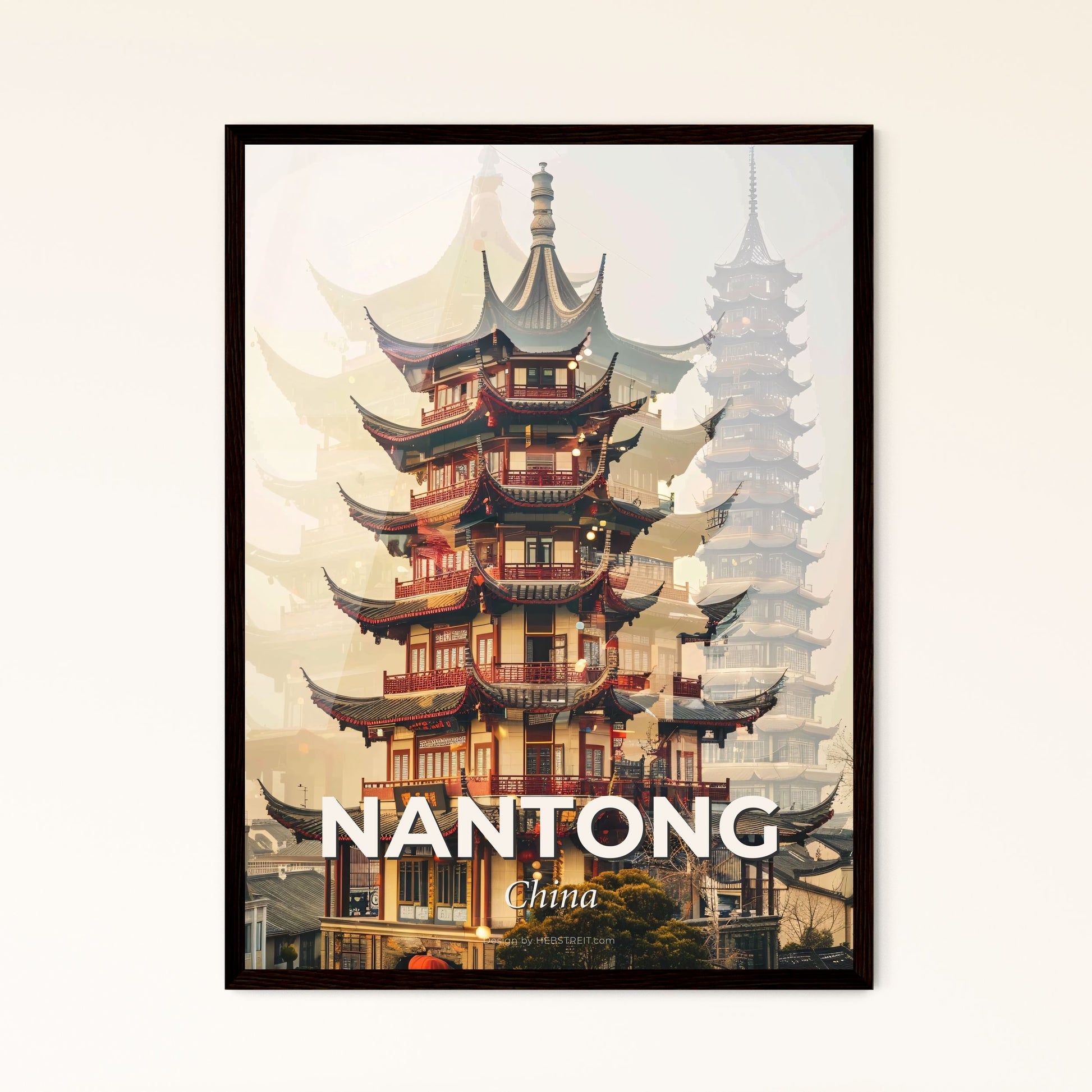 Nantong China Skyline Icon Double Exposure Poster - A tall building with many pagodas with Yu Garden in the background