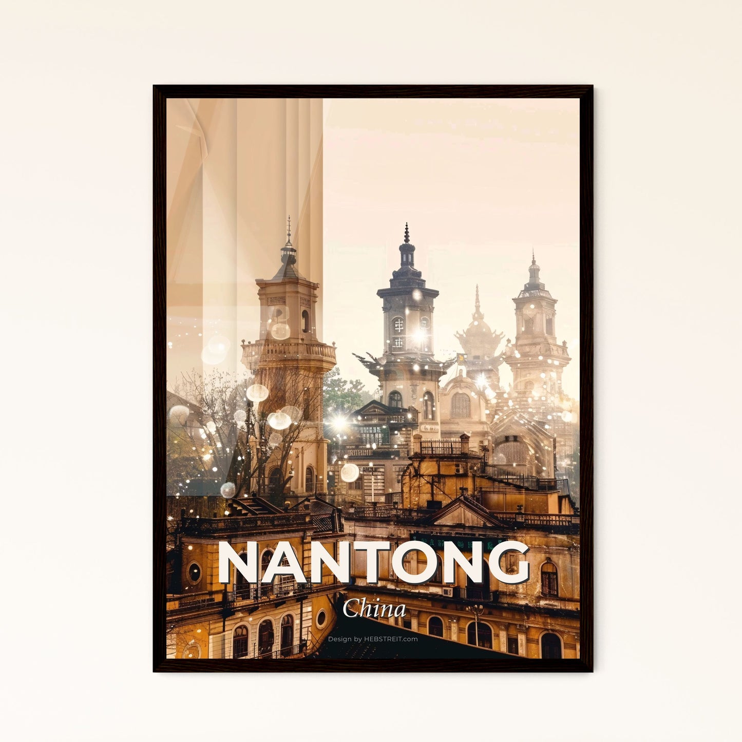 Nantong Architecture Skyline Double Exposure Art Print - A building with towers and trees