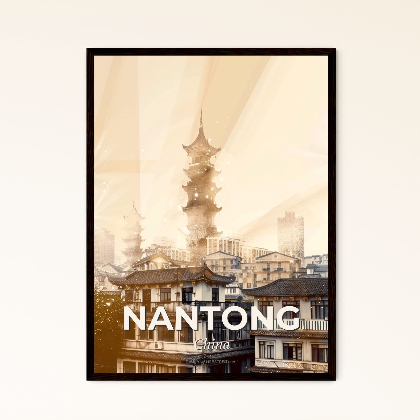 Nantong City Skyline Art Poster, Beige - A city with a tall tower