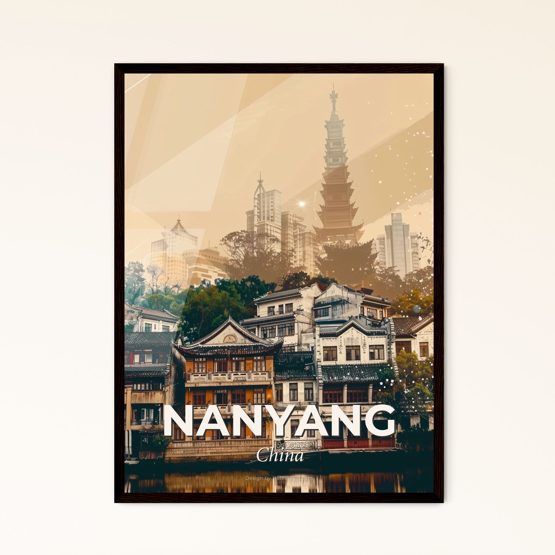 Nanyang Cityscape Poster: Local Colors and Sparkles - A group of buildings with trees and a tall tower in the background