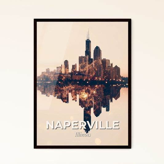 Naperville Skyline Double Exposure Art Bright - A city skyline reflected in water