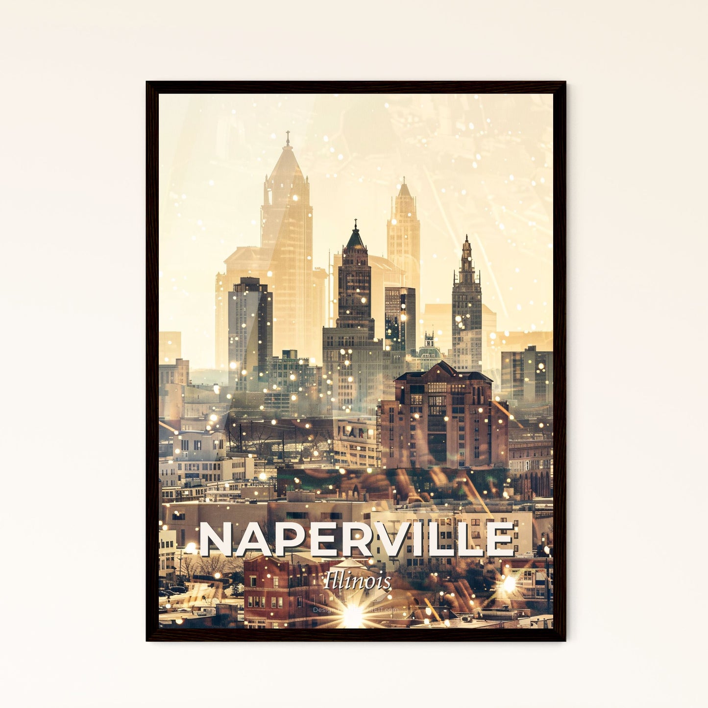 Naperville City Icons Sparkling Skyline Poster - A city with snow falling