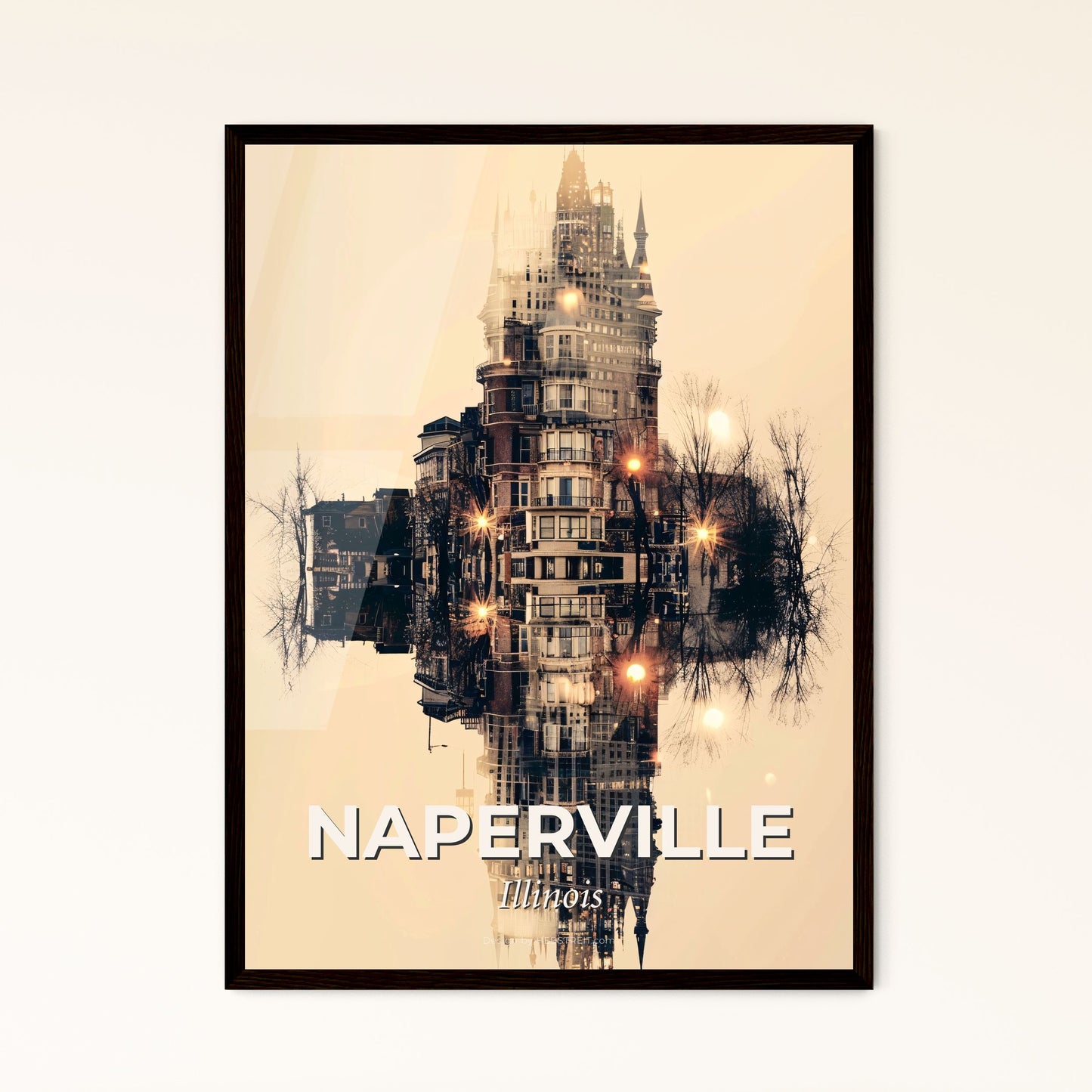 Naperville City Icons Double Exposure Art - A city skyline with a building and trees