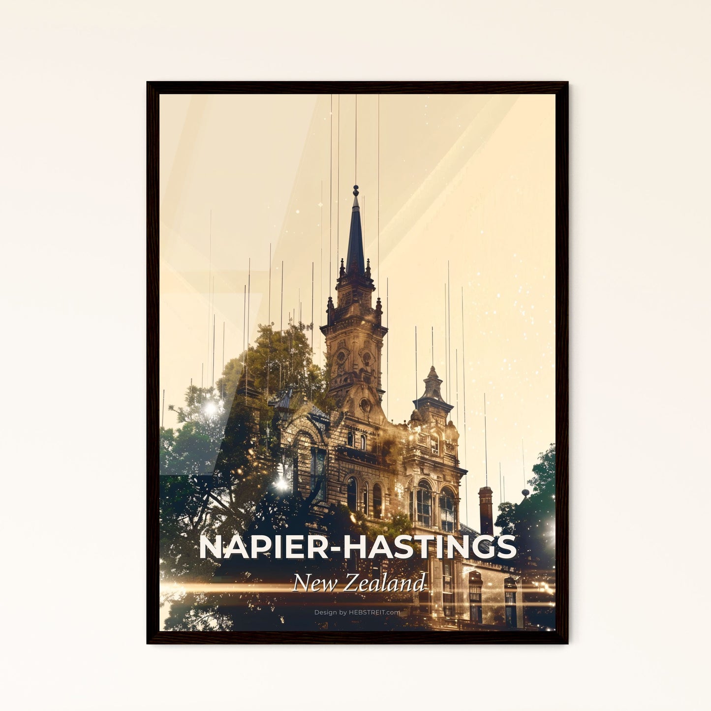 Napier-Hastings Skyline Double Exposure Poster Art - A building with a steeple and trees