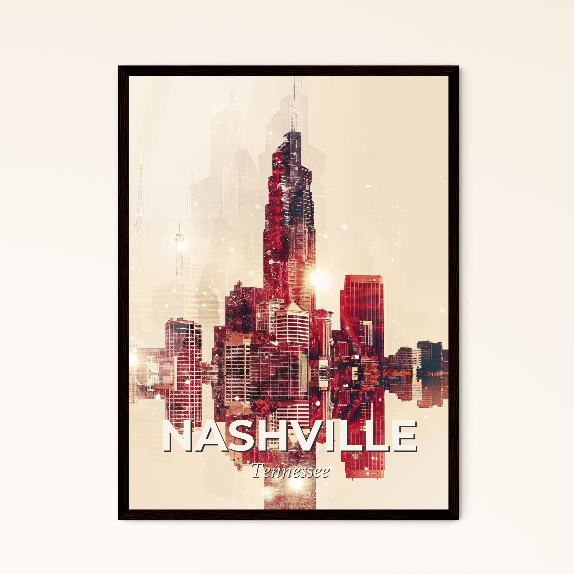 Nashville Icons Cinematic Double Exposure Skyline - A city skyline with many tall buildings