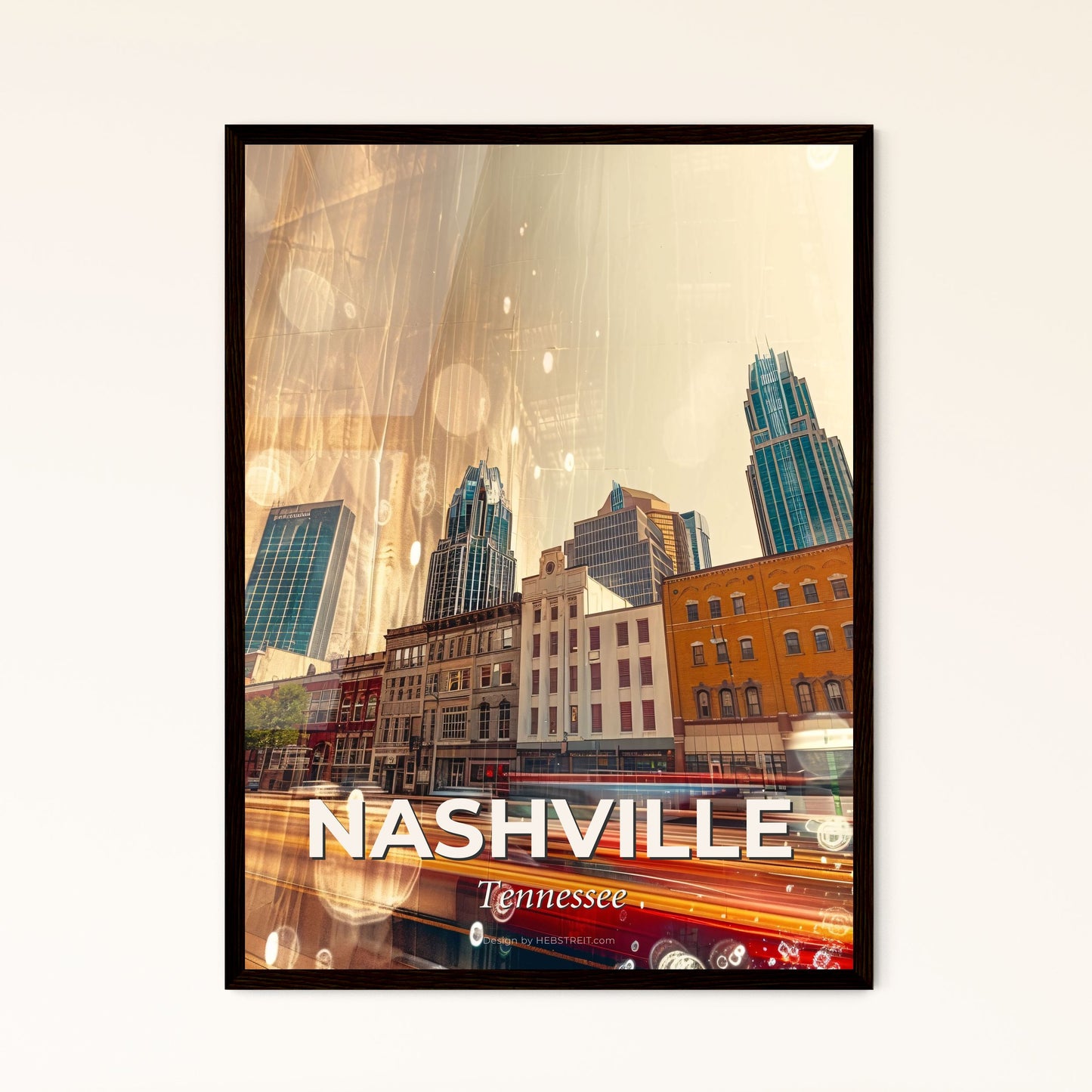 Nashville Iconography Skyline Poster - A city street with buildings and cars