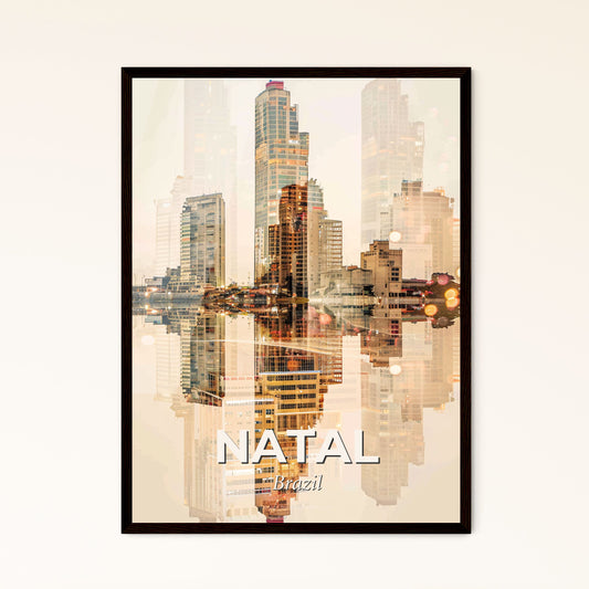 Natal City Skyline Art Deco Poster - A city skyline with lights reflecting on water