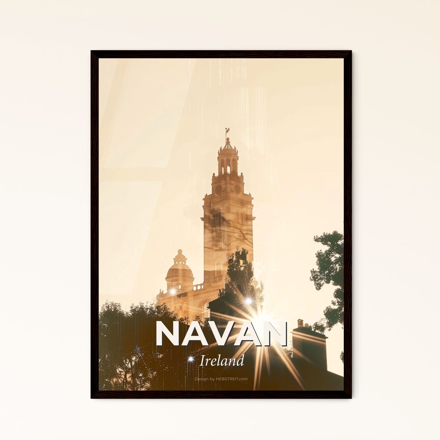 Navan, Ireland Cityscape Double Exposure Poster - Sun shining through trees and a tall building