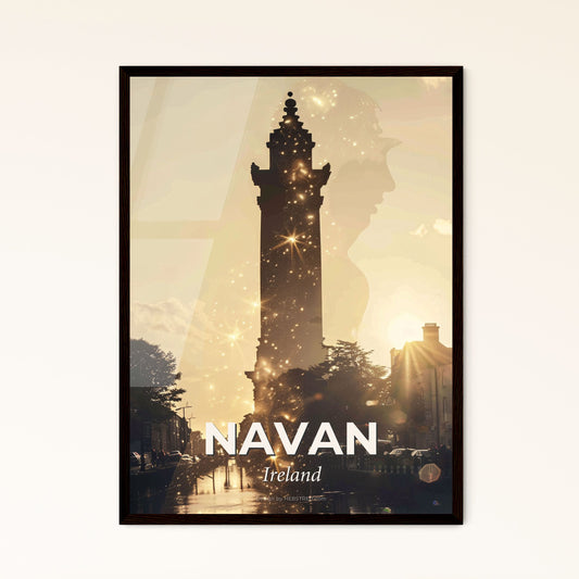 Navan Skyline Cityscape Double Exposure Art - A silhouette of a tall tower with a person's face in the background