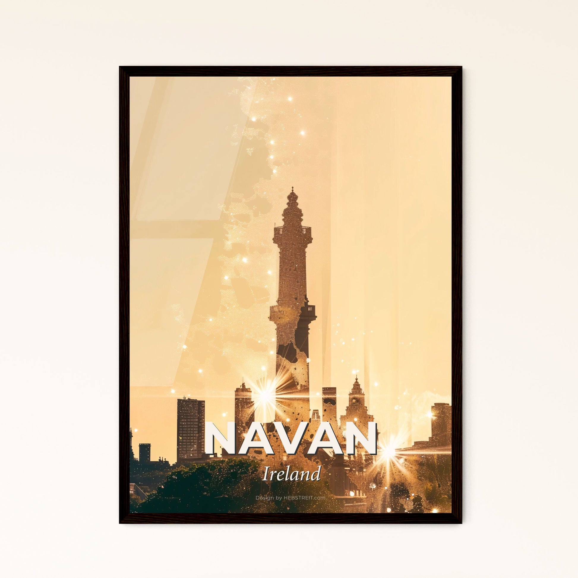 Navan Ireland City Skyline Double Exposure Art Poster - A city skyline with a tall tower