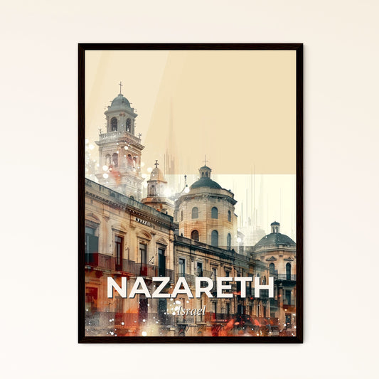 Nazareth Skyline Artwork: Local Icons on Beige Paper - A building with a tower