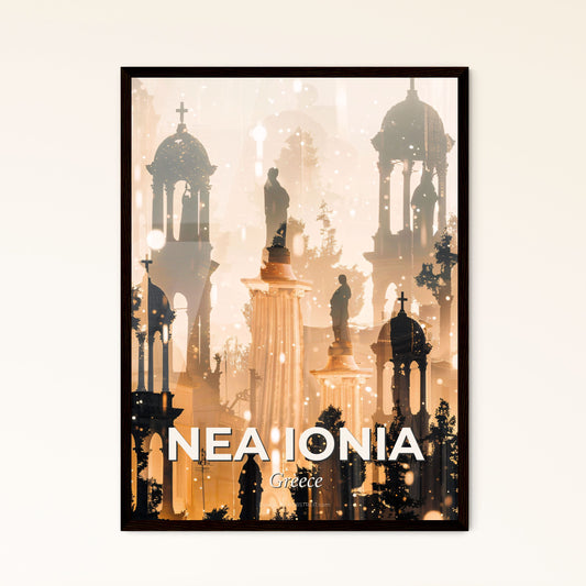 Nea Ionia City Silhouette Poster Art - A group of people standing in front of a fountain