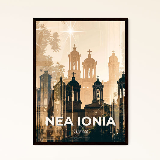 Nea Ionia City Skyline Panorama Art Poster - A building with a cross on top