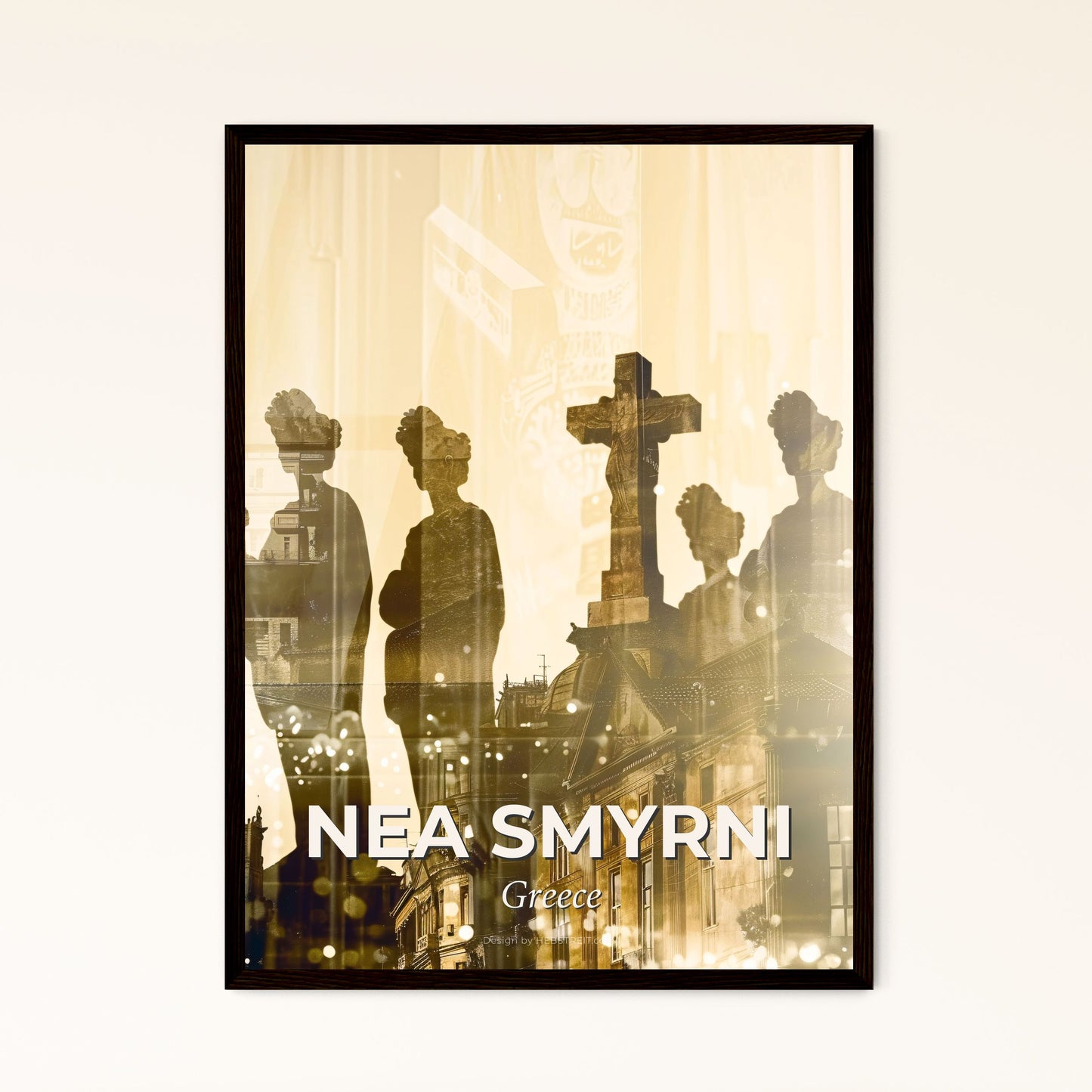 Nea Smyrni Double Exposure Cityscape Skyline Poster - A group of people standing in front of a cross