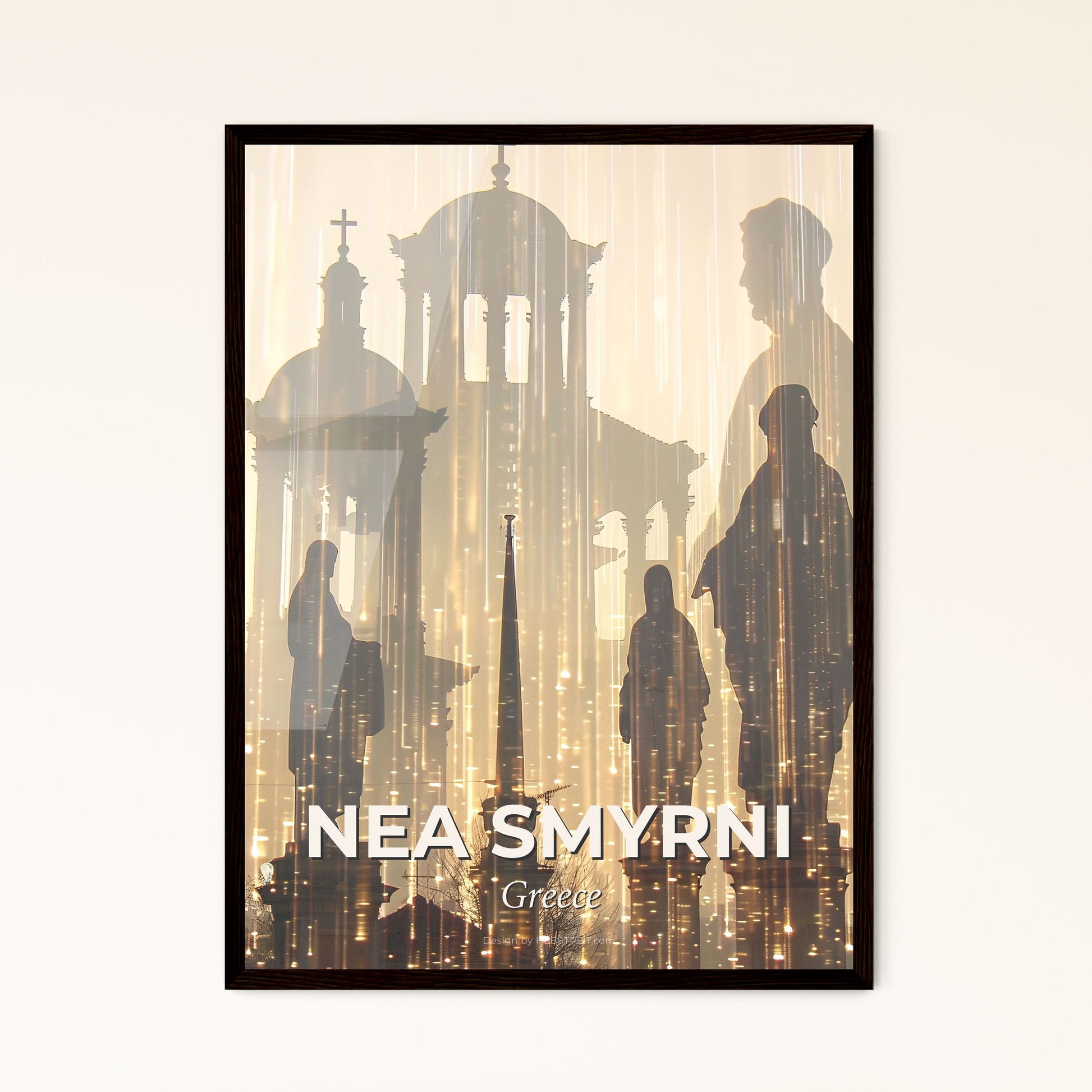 Nea Smyrni Double Exposure City Skyline Art Poster - A group of people standing in front of a building