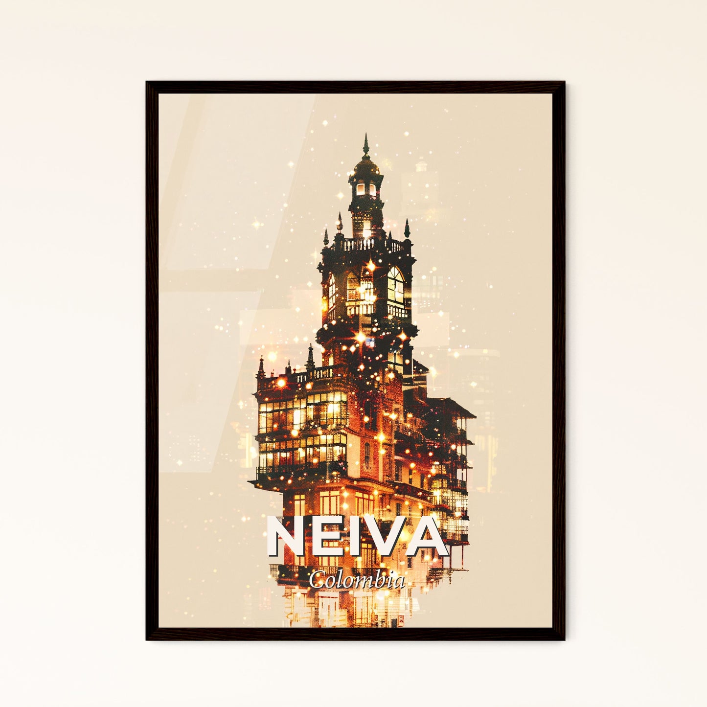 Neiva Skyline Composite Art, Sparkling Hues - A building with many windows and lights