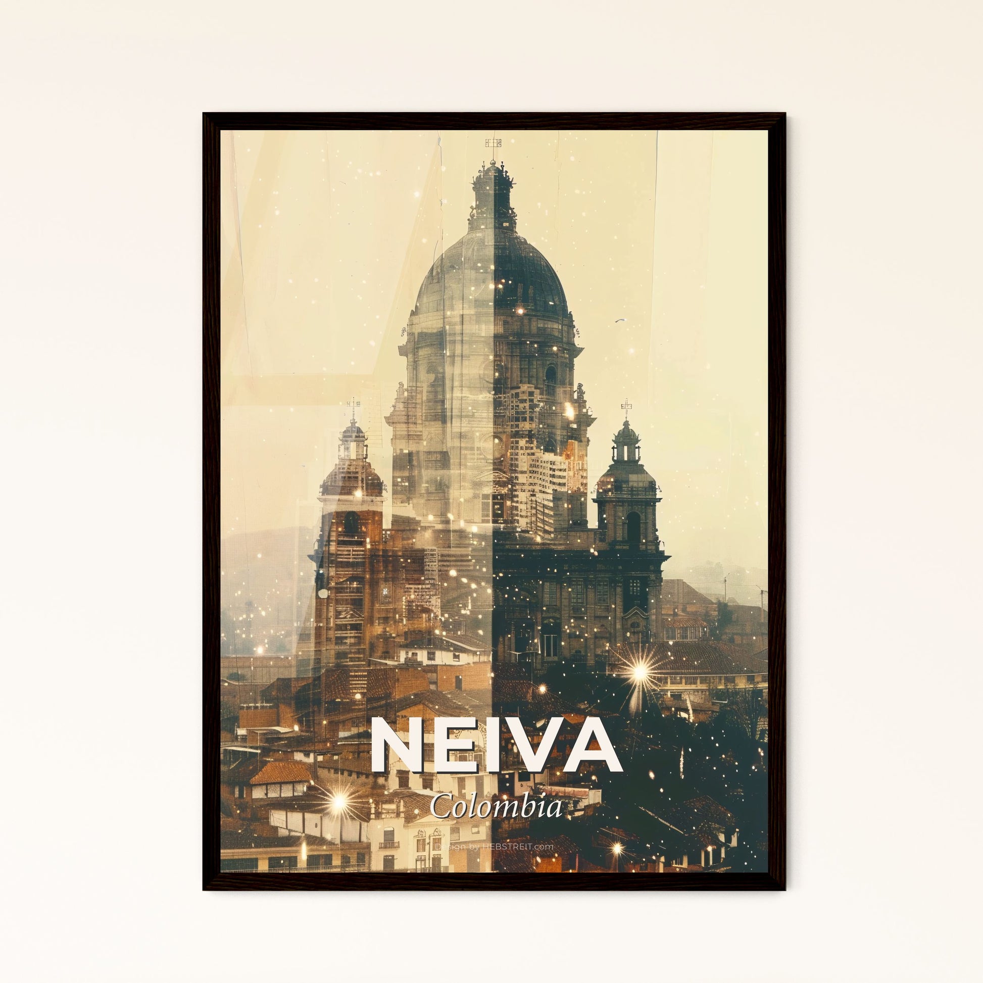 Neiva, Colombia Cityscape Poster Art - A city with a dome and a building