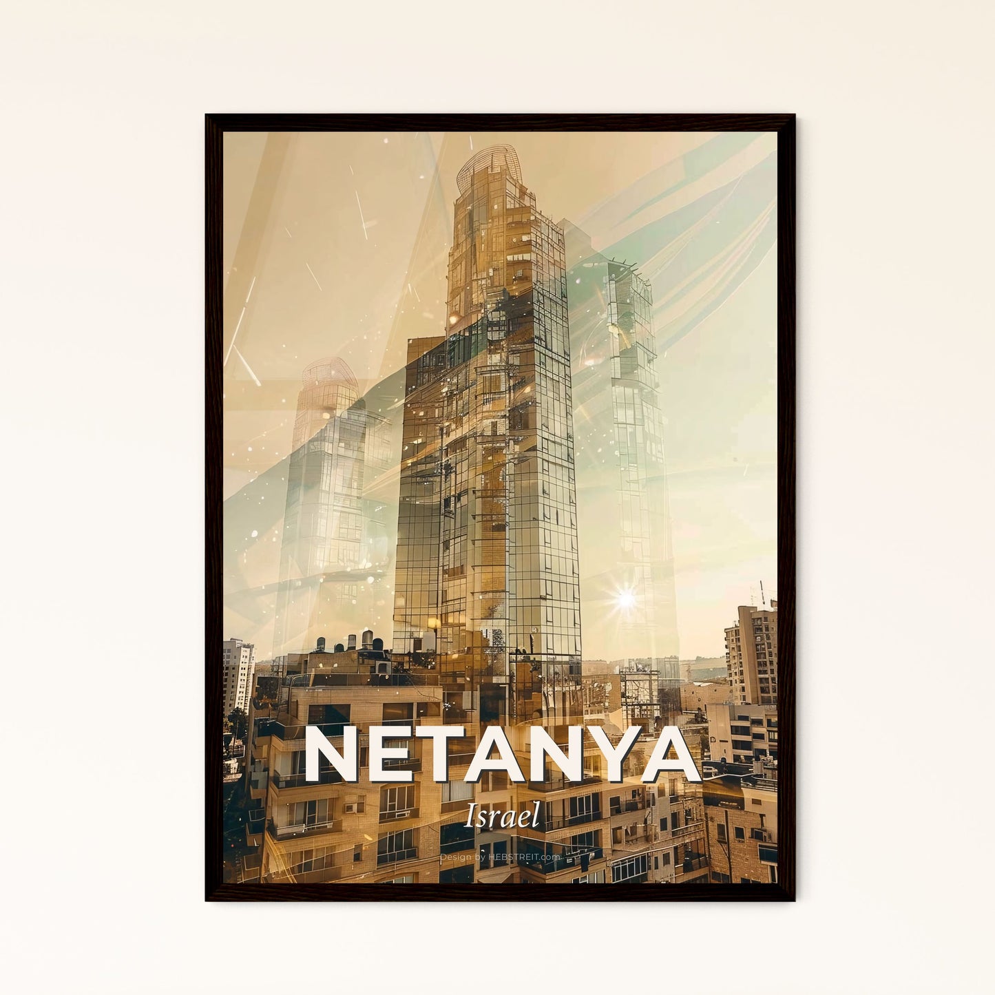 Netanya Skyline Bright Beige Double Exposure Art - A city with tall buildings