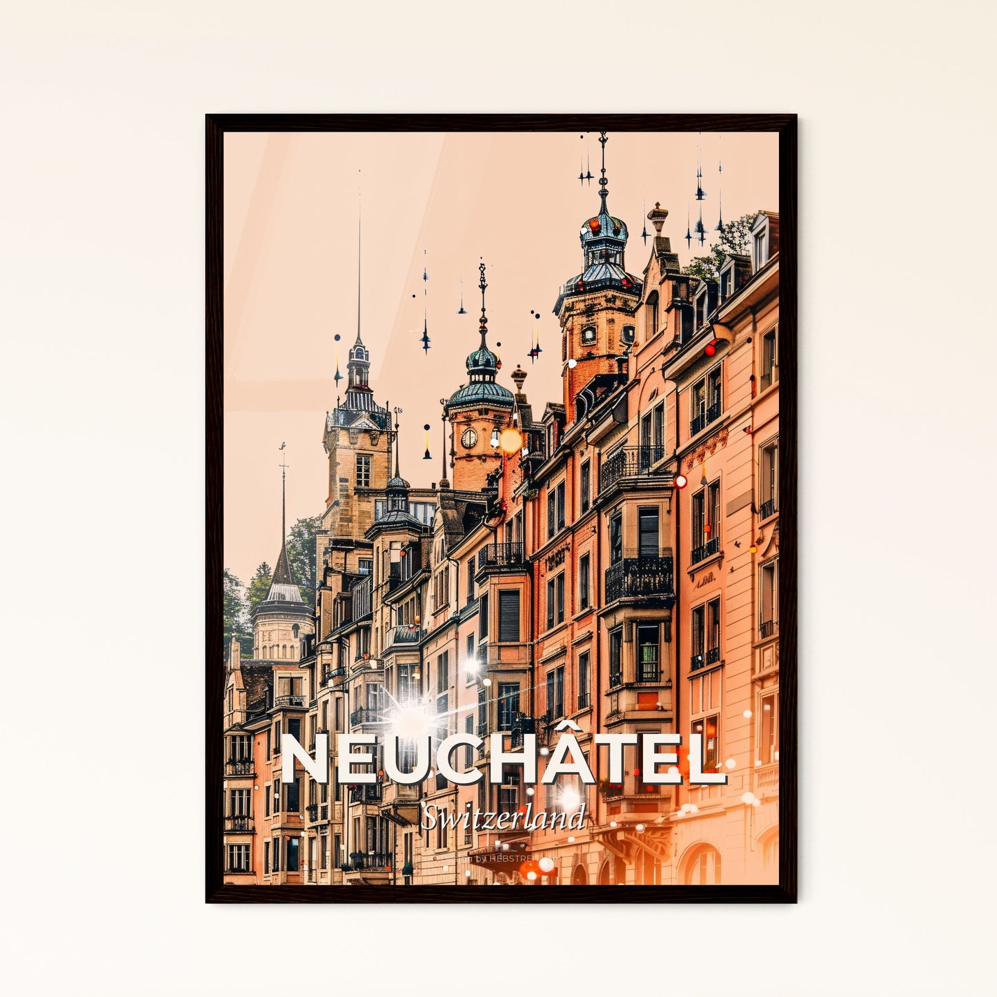 Enchanting Neuchâtel Skyline: Composite Artwork Poster - A city street with buildings and a street light