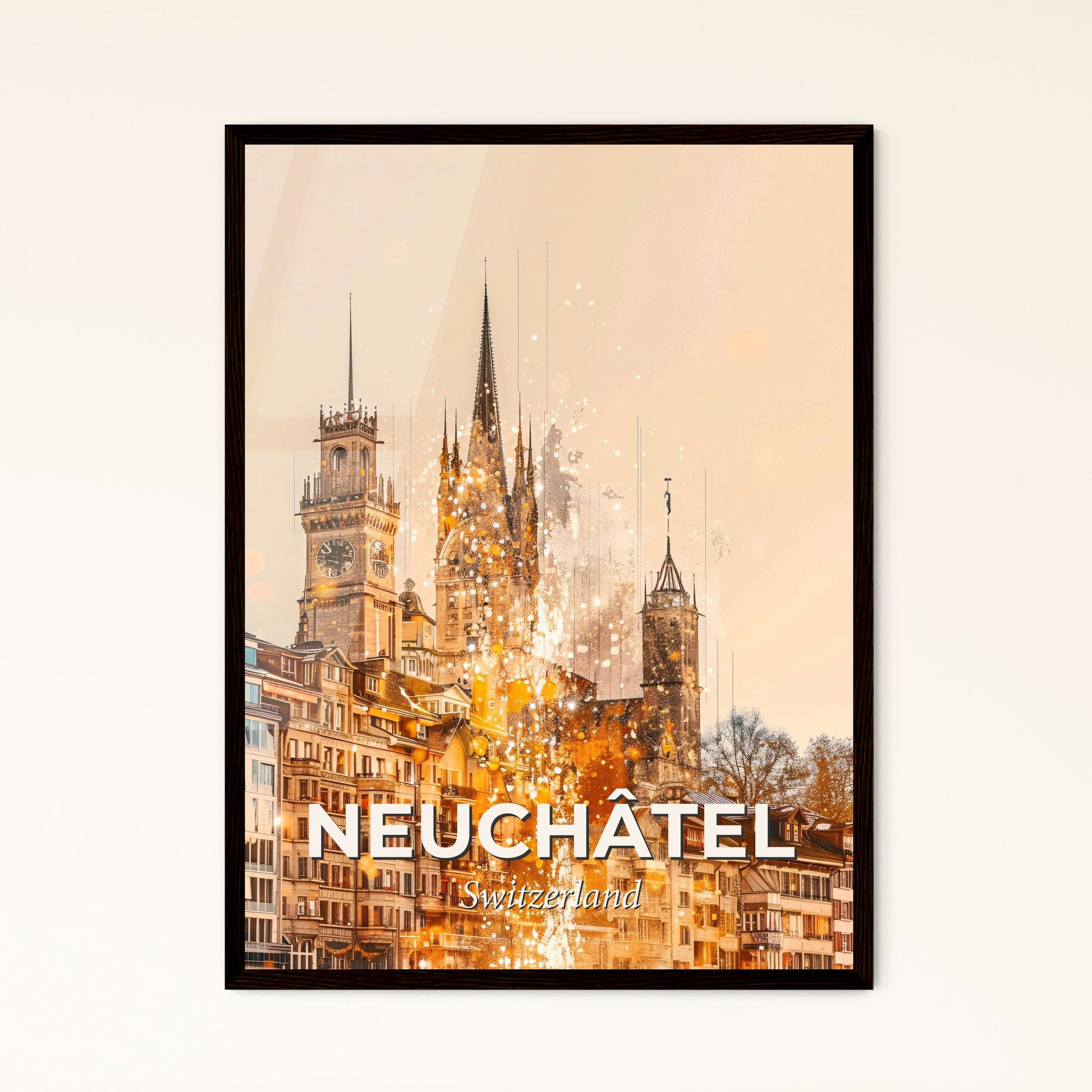 Swiss Urban Skyline Double Exposure Artwork - A city with a clock tower