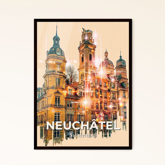 Neuchâtel Cityscape Skylines Composite Art Poster - A building with a tower and a clock