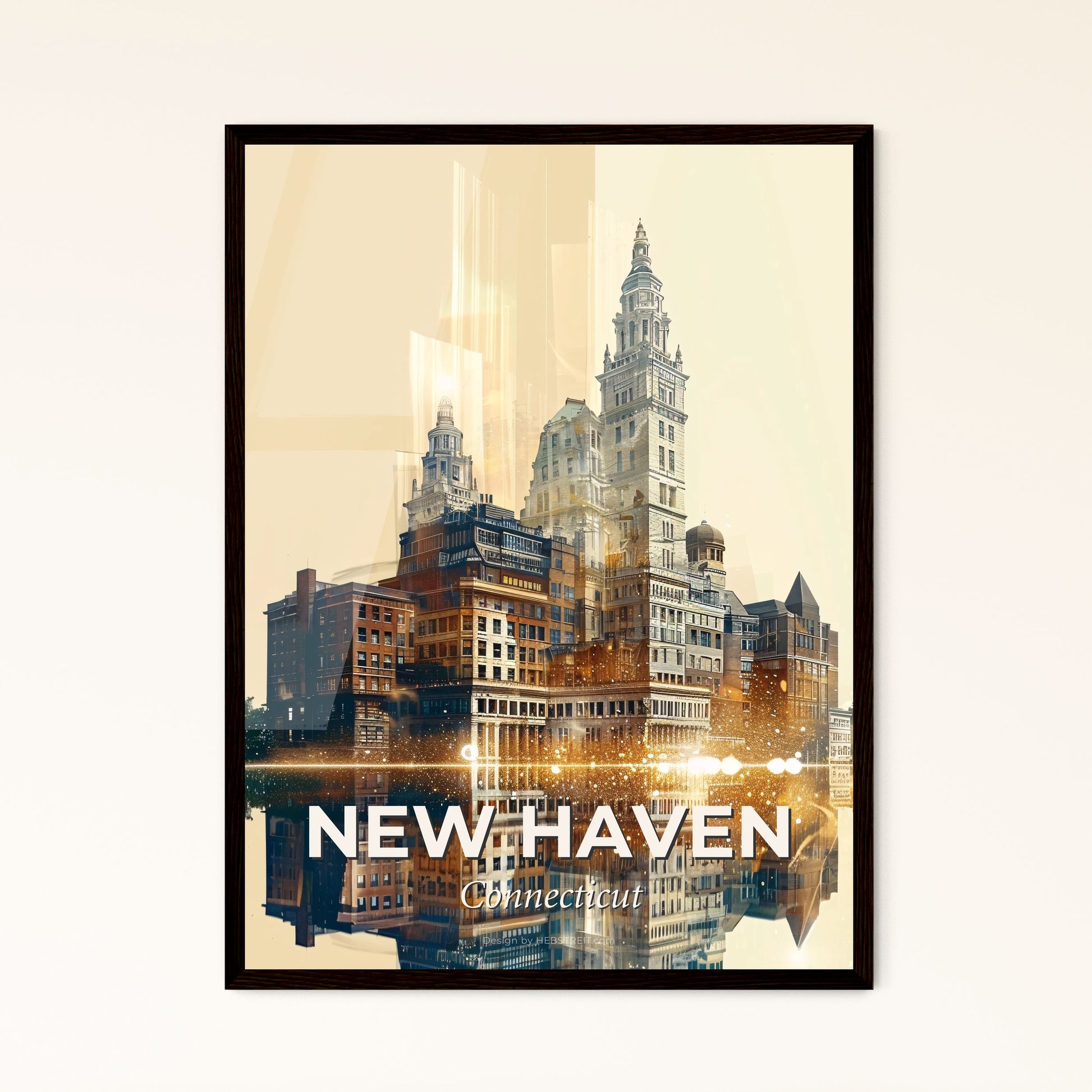 New Haven Double Exposure Skyline Poster - A city with many buildings reflected in water