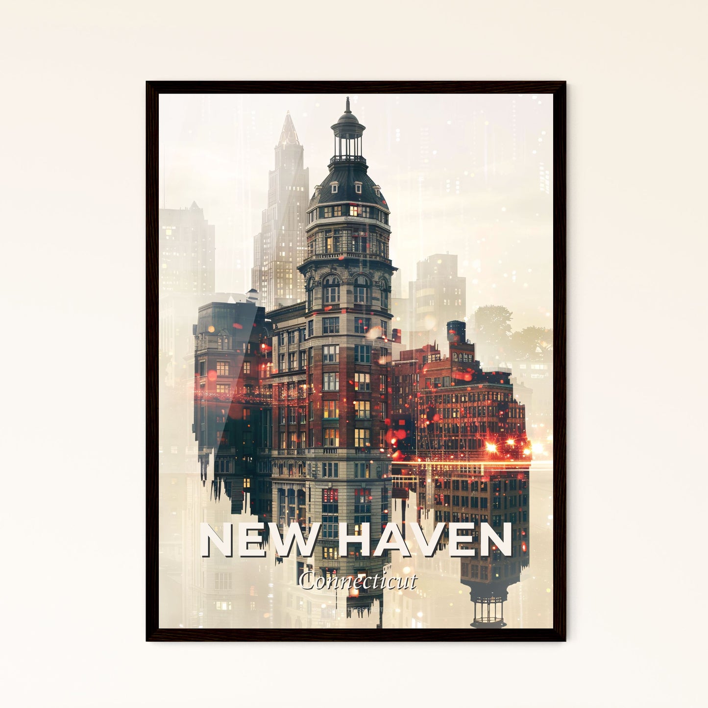 New Haven Double Exposure Skyline Poster - A city skyline reflected in water