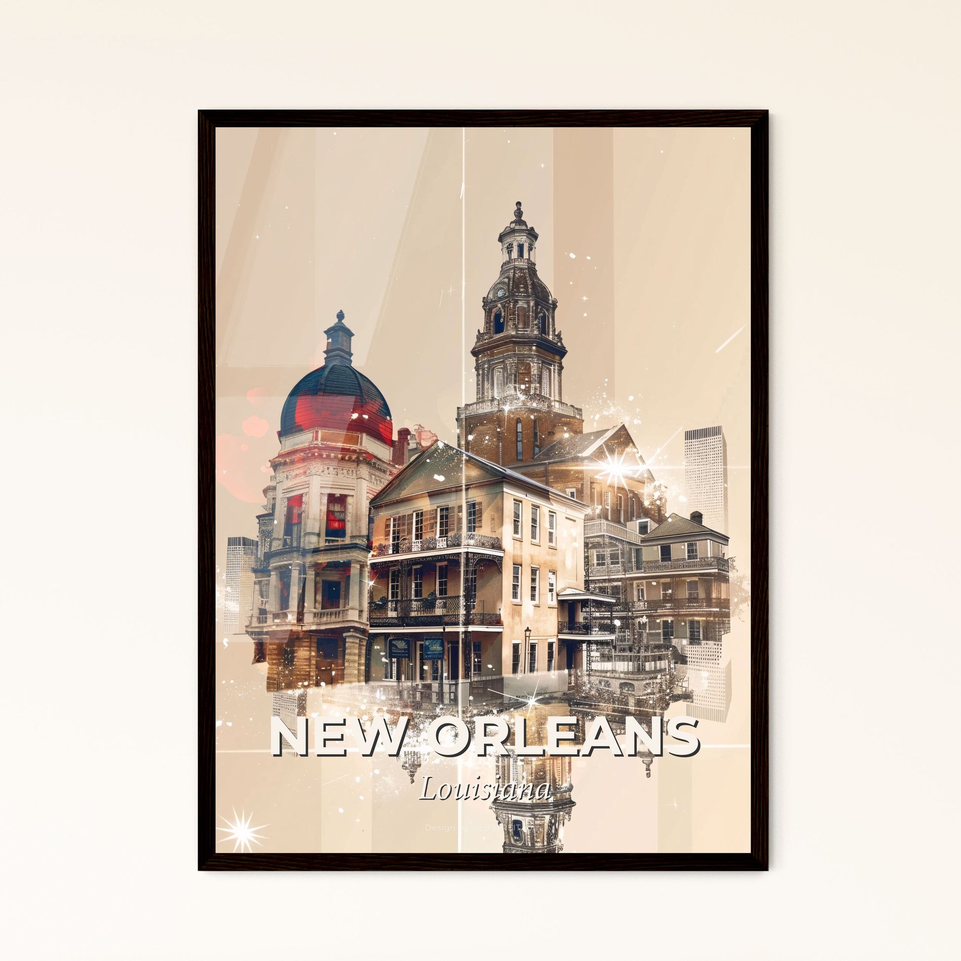 New Orleans Skyline Art: City Icons, Beige Paper - A building with a dome and a tower