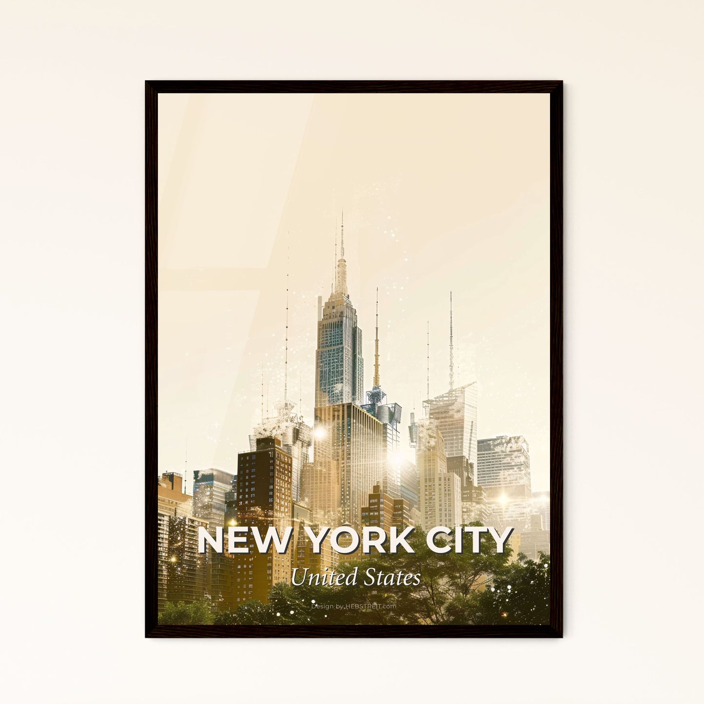 New York City Skyline Double Exposure Art Poster - A city skyline with trees