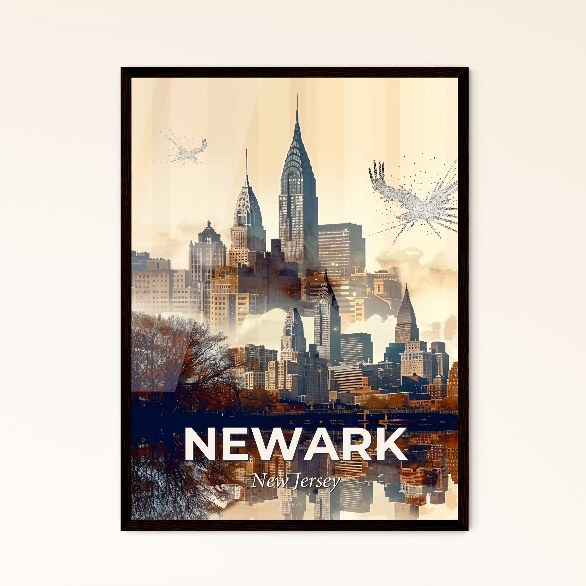 Newark Skyline Double Exposure Poster Art - A city with trees and a body of water