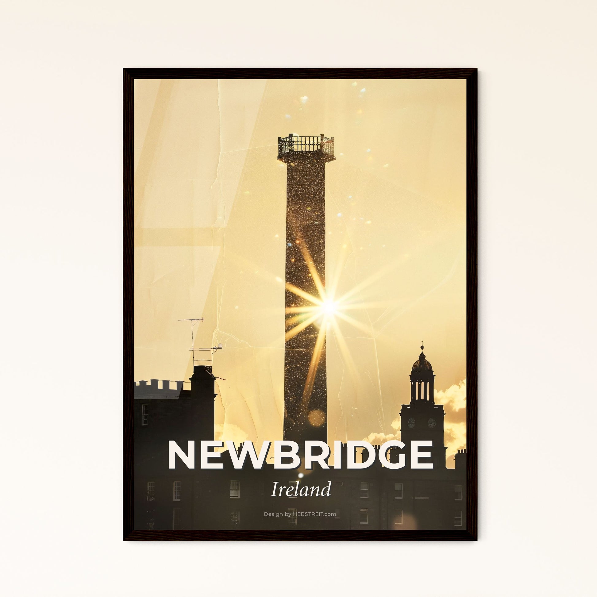 Newbridge Ireland Silhouette City Lights Poster - A silhouette of a tower with a sun shining through it