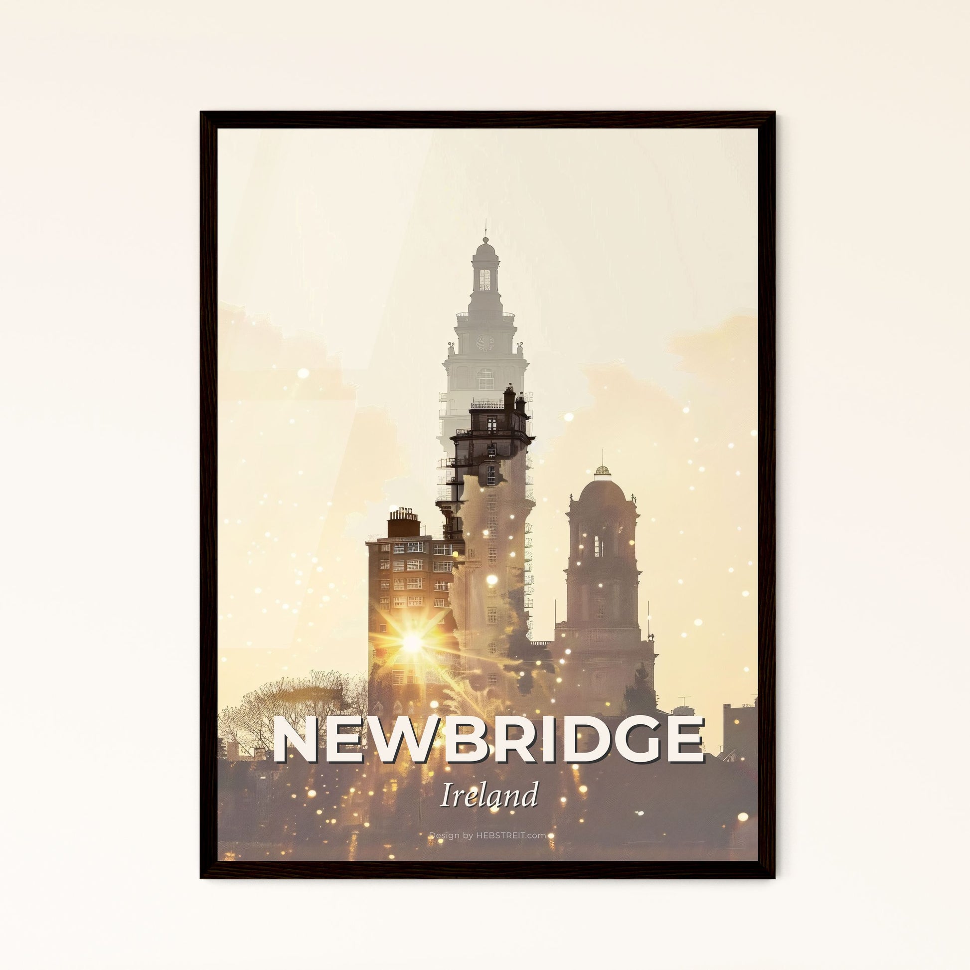 Newbridge, Ireland Silhouette Skyline Poster Art - A city with a tall tower