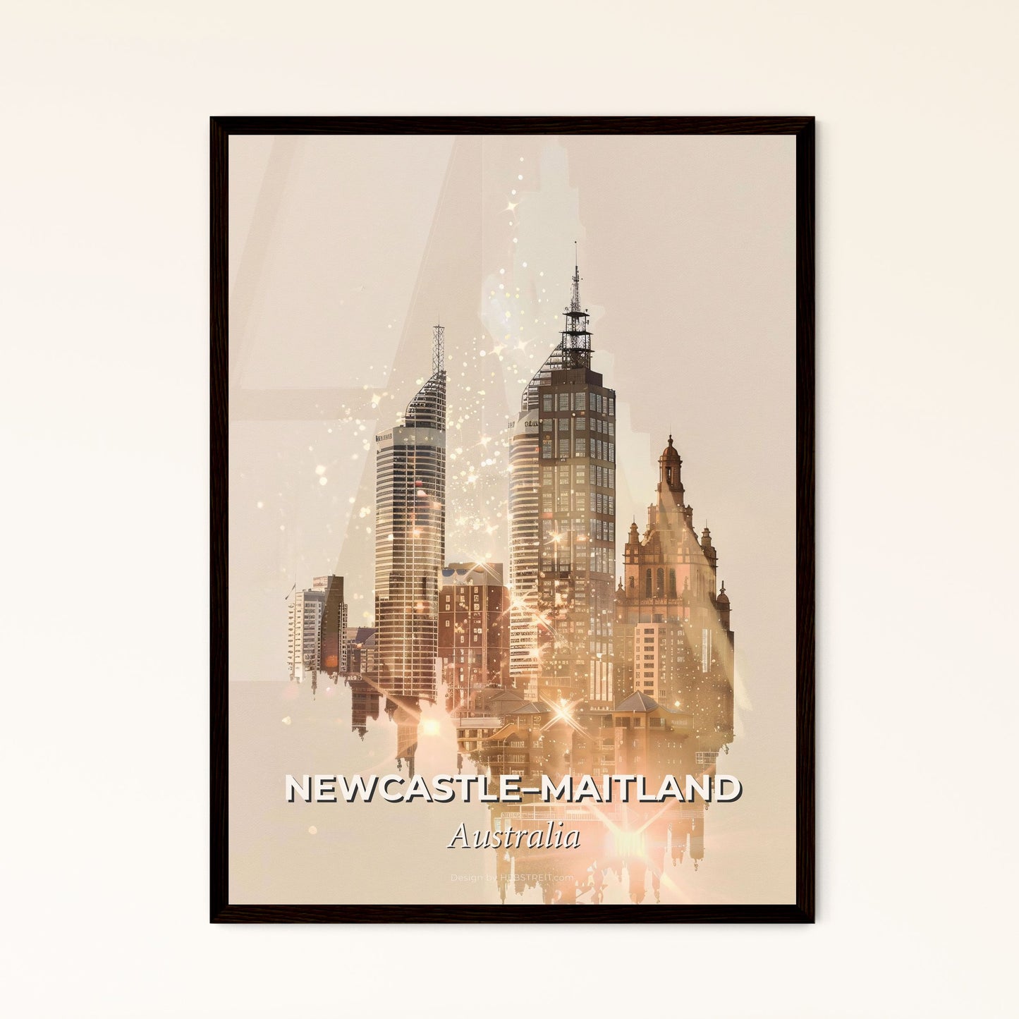 NewcastleMaitland Australia Art Skyline Poster - A city skyline with many tall buildings