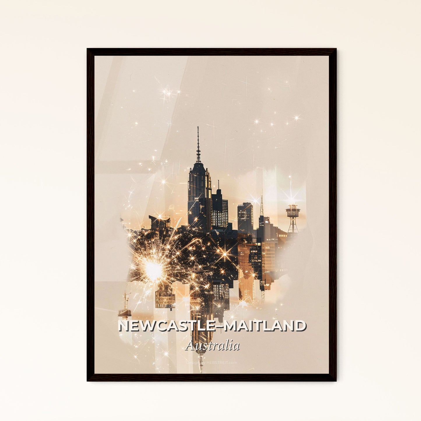 Newcastle Maitland: Local Architecture Icons Skyline Art - A city skyline with fireworks