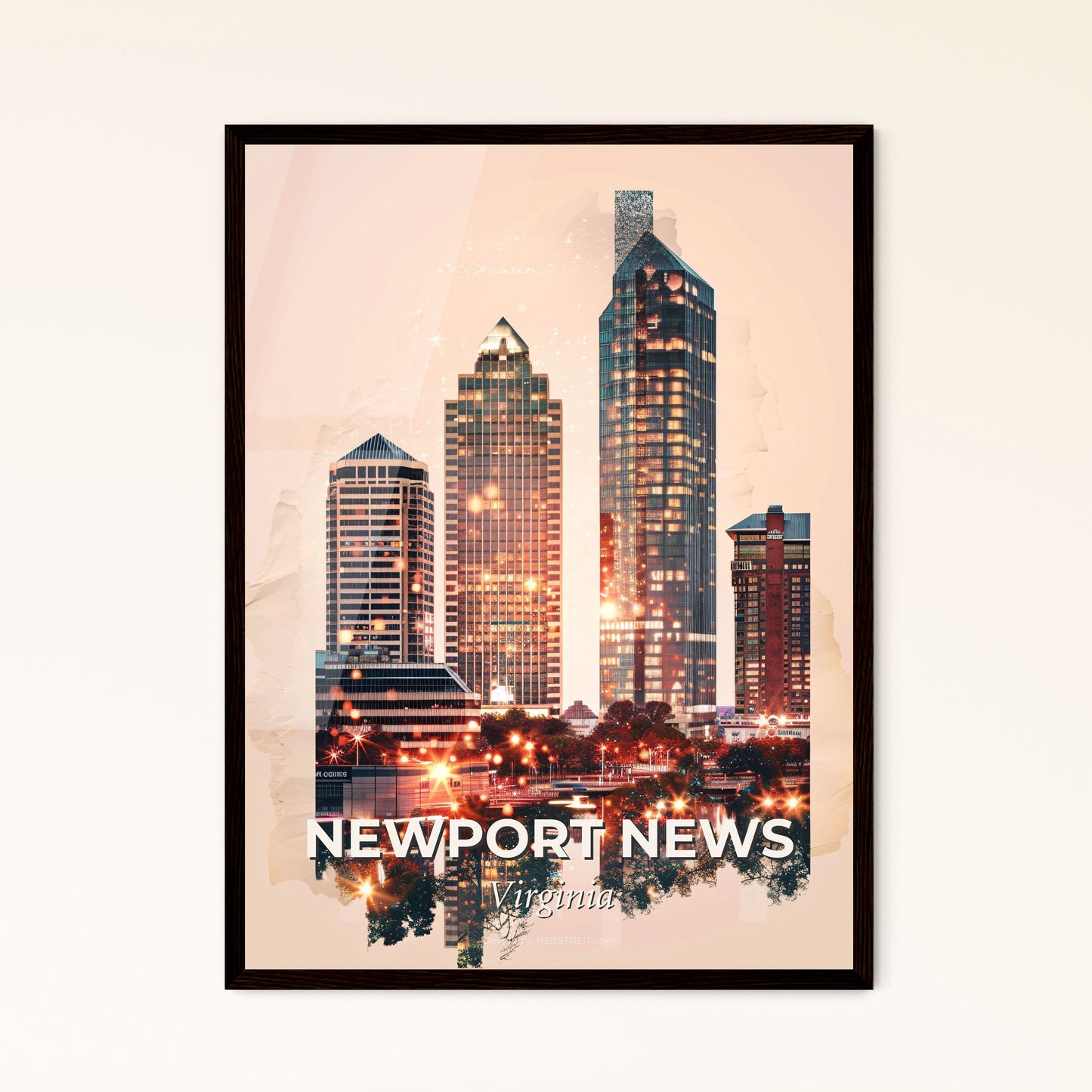 Newport News Skyline Double Exposure Poster - A city skyline with many tall buildings