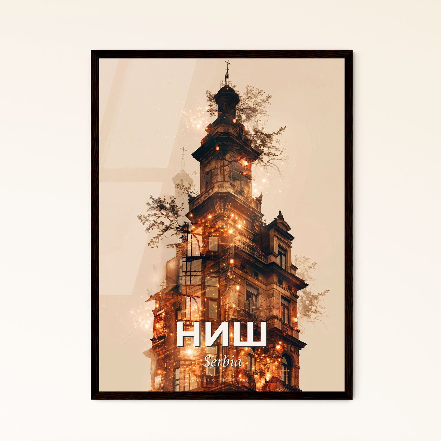 Nis City Skyline Double Exposure Art Poster - A building with a tower and trees